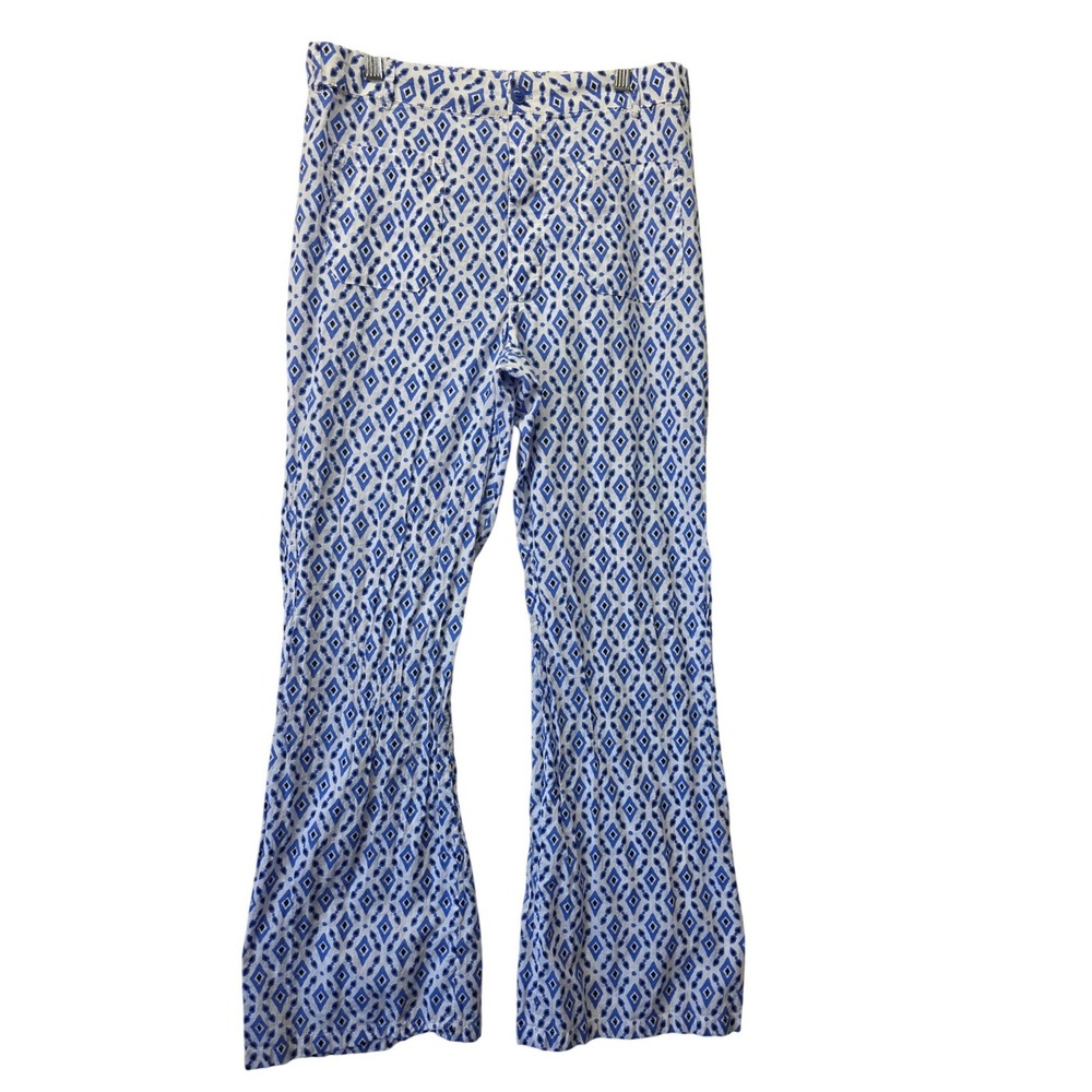 Zara Women Blue White Geometric Diamond Print Wide Leg High Rise Pants Size L - Picture 1 of 7